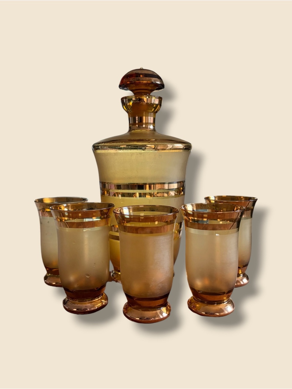 MCM Amber Glass Decanter Set with Five Tumblers